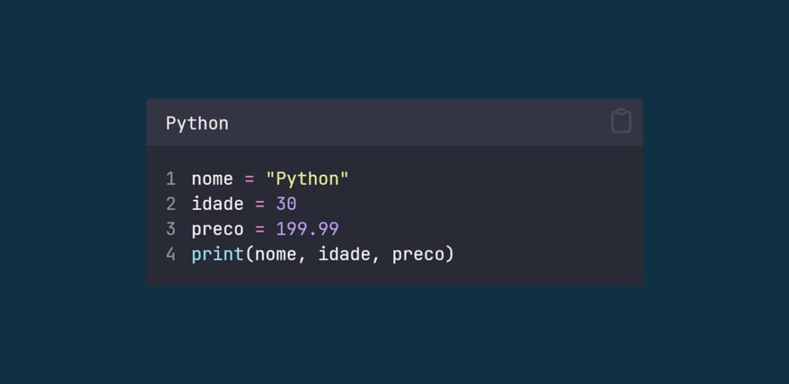 bloco de código com variáveis em Python em um fundo azul escuro