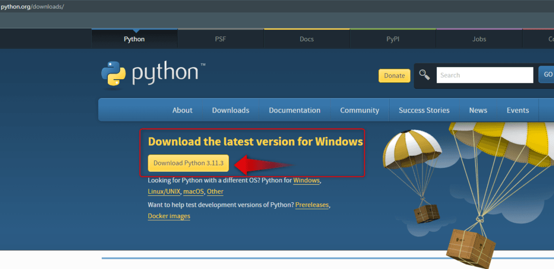 print do site do Python com uma seta para o botão download